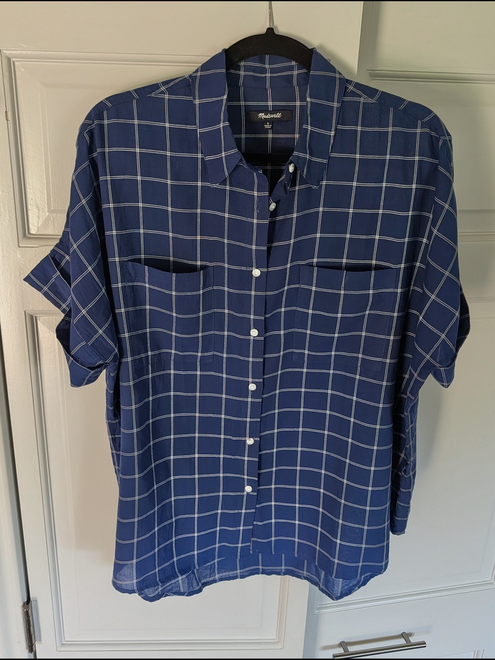 Madewell Women's Blue Windowpane Short-Sleeve Button-Down Shirt  SZ L